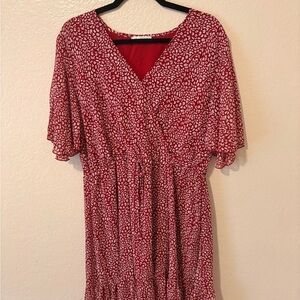 Red Printed V-Neck Tie-Waist  Ruffle bottom Midi Dress